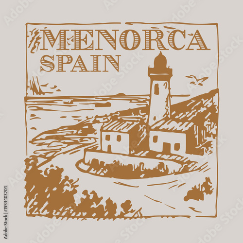 Vintage Menorca Spain badge featuring the crystal clear turquoise calas and iconic whitewashed architecture.
