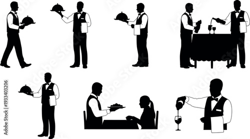 Waiter actions set various serving silhouettes