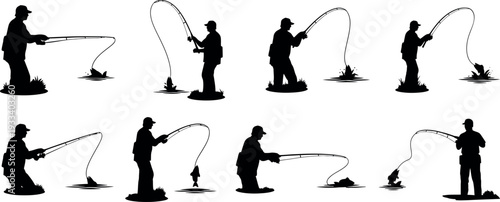 Sequence of a person casting a fishing rod in various positions
