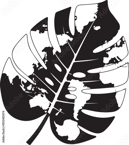 Black and white illustration of a tropical monstera leaf with a world map pattern inside