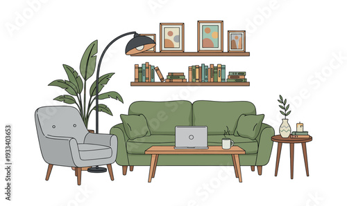 Living room interior with green sofa, grey armchair, working from home on laptop, bookshelves, houseplant, coffee table, white background