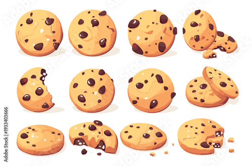 Cookies chocolate chip. Cartoon biscuit crisp bitten round cookies, sugar dough crumb crumble homemade oat dessert sweet bakery food set vector illustration