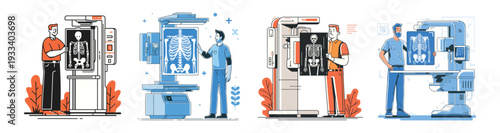 Doctor x ray machine. Radiology xray medical equipment hospital radiography clinic, body skeleton scan diagnosis examination test assessment healthcare set line vector illustration