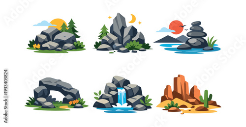 Different natural scenes, such as desert, forest, mountain, and water elements, are depicted in various rock formations in a flat design style