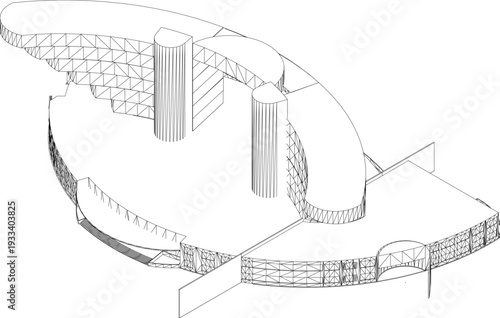 Technical isometric architectural drawing showing expressive building with curved sculptural forms, vertical ribbed cylindrical towers, cross-hatched facades and angular geometric bridge elements.