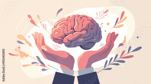 Hands hold brain. Mental health mind care psychology support counseling therapy treatment doctor psychiatrist psychologist awareness neuro psychotherapy concept vector illustration
