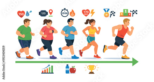 Running people transforming, making health progress, losing weight, setting fitness goal, training for marathon success