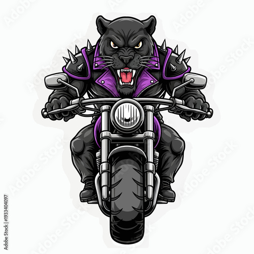 A black panther riding a motorcycle with purple accents, seen from the front, wearing spiked gloves, in a bold, cartoonish style.