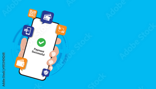 Mobile digital payment concept with transaction confirmation and financial service icons. Illustration represents online banking, e-wallet services, secure payment gateway and cashless transaction