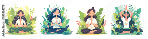 Woman meditation on nature. Calm girl yoga relax meditate lotus body pose, zen harmony forest aura mental mind health balance peaceful women breath practice set vector illustration