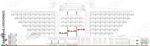 Technical architectural elevation showing large symmetrical building with stepped terraced wings, central tower core, repetitive window patterns and highlighted elements in red.