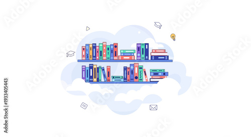 Colorful books neatly arranged on two floating wall bookshelves vector illustration.