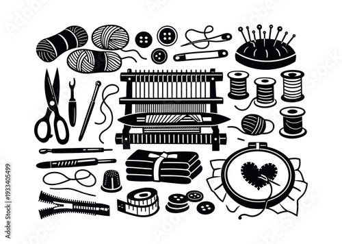 Variety of art and crafting supplies including yarn, textiles, needles, and a handheld loom for artistic endeavors