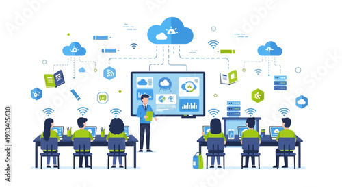Instructor leading a technology seminar on cloud computing and data networking.