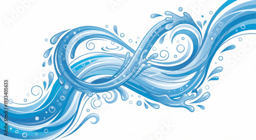 Endless infinity water flow loop vector illustration, dynamic aquatic wave with splashes and drops isolated on white background