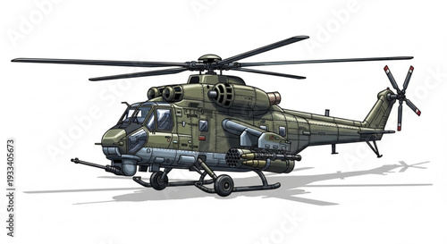 Military Helicopter Armed with Weapons Isolated on White Vector Illustration