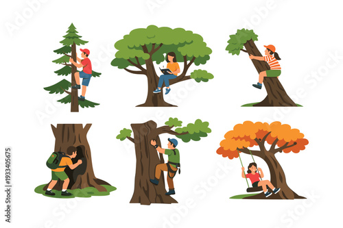 Various individuals engaging in leisure and active pursuits up in trees, representing childhood, adventure, and nature connection
