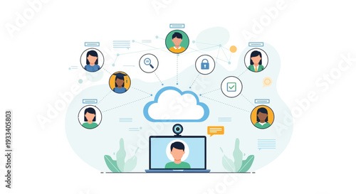 Virtual meeting and online communication network concept illustration.