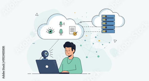 Young man at a laptop accessing cloud computing services and AI technology.