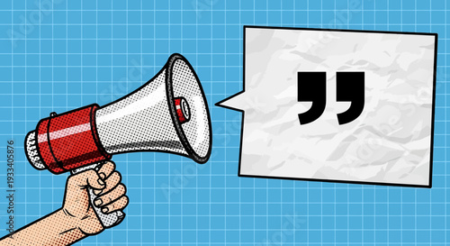 A hand holding a megaphone with a speech bubble.