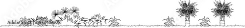 Technical landscape architecture elevation showing planting design with various vegetation including palm trees, fan-shaped plants, shrubs and ground cover arranged along terrain.