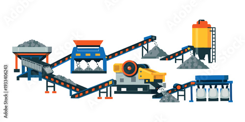 Industrial facility performing mineral processing, extracting, and sorting raw materials like gravel and sand using heavy machinery