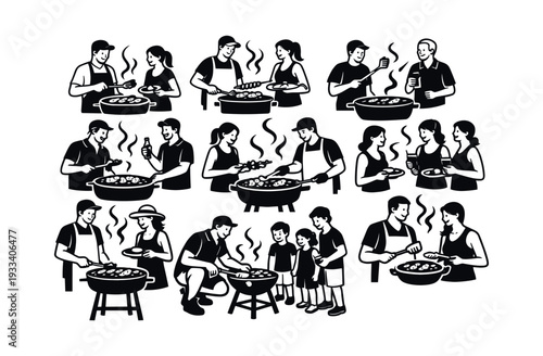 Various outline illustrations of people grilling, cooking, and eating barbecue meals. Friends and family celebrating outdoors