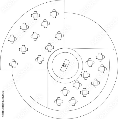 Technical architectural floor plan showing a circular dining area with spiral layout, featuring tables with chairs and a central service counter in black and white line art.
