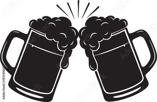 Two beer mugs clinking together with foamy beer