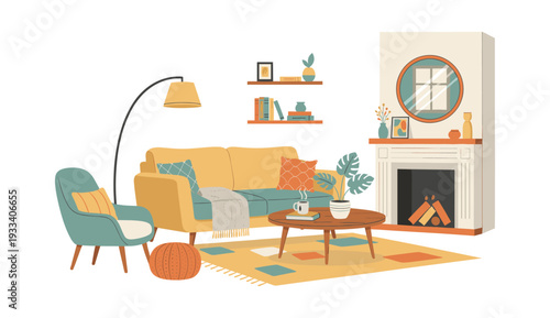 Flat illustration of a comfortable living room interior, offering a cozy and relaxing atmosphere with a fireplace, sofa, and furniture
