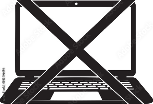 Black laptop icon with crossed lines on screen