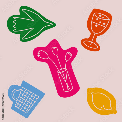 Vector illustration of fun colorful stickers with cute cozy things, vase with flowers, glass of sparkling wine, tea mug