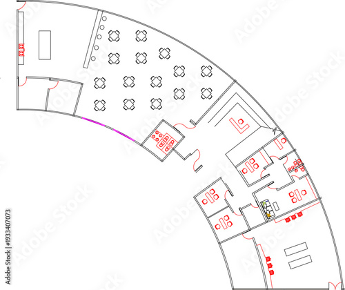 Technical architectural floor plan showing curved building layout with dining area featuring table arrangements, office rooms and circulation path highlighted in purple.