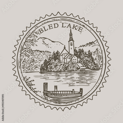 Vintage Lake Bled Slovenia badge featuring the iconic island church and clifftop castle