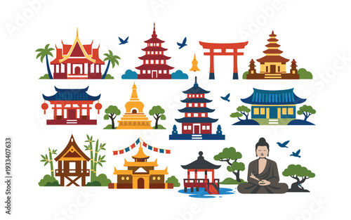 Flat vector illustration showing iconic temples, pagodas, shrines, and a Buddha statue, symbolizing Asian culture and spirituality