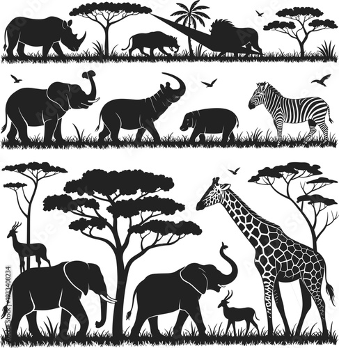 African safari wildlife silhouette collection, elephant giraffe rhino zebra and lion vector set, savanna nature landscape design elements.