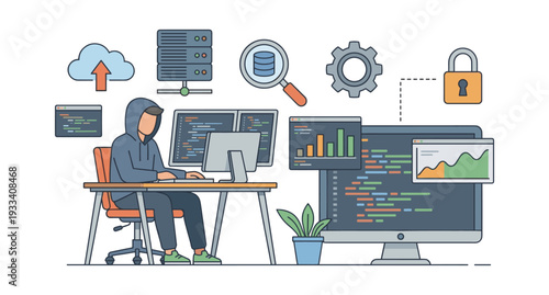 Developer coding on multiple monitors, surrounded by icons representing cloud services, data servers, security, and big data analytics