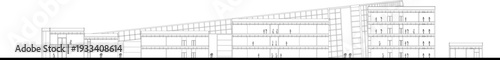 Technical architectural elevation showing modern multi-story building with distinctive sloping facade, grid-pattern upper section and regular window arrangements in black and white line art.