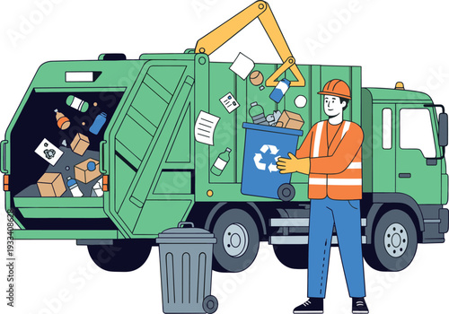 Municipal worker in hard hat and safety vest collecting household waste for recycling, using a specialized vehicle
