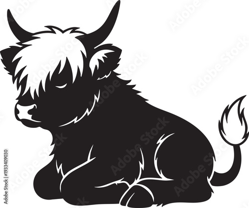 A black and white illustration of a cute highland cow calf