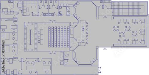Technical architectural floor plan showing an institutional layout with a central lecture hall, surrounding rooms with furniture, and a cafeteria area in blue line art on grey.