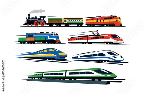 Collection of trains illustrating the development of rail transport technology, from classic steam engines to contemporary electric and bullet trains