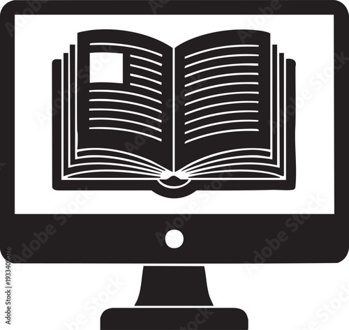Black and white illustration of an open book on a computer monitor