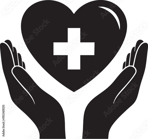 Black silhouette of hands holding a heart with a medical cross