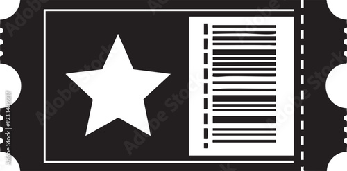 Black and white illustration of a movie ticket with a star and barcode