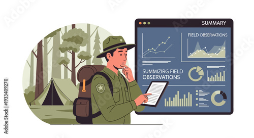 Man Hiker Analyzing Data on Tablet.