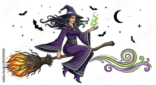 Halloween Witch Flying Broomstick Magic Potion Moon Bats Stars