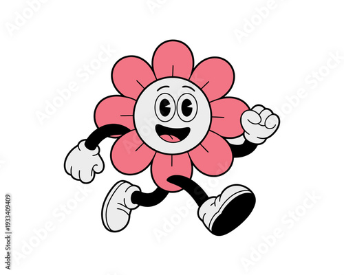 A cheerful cartoon flower character running with a big smile on its face