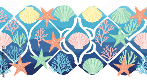 Oceanic Border Pattern with Starfish Shells and Coral