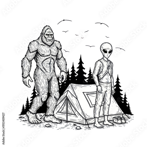 Bigfoot and Alien Camping Friends in Forest